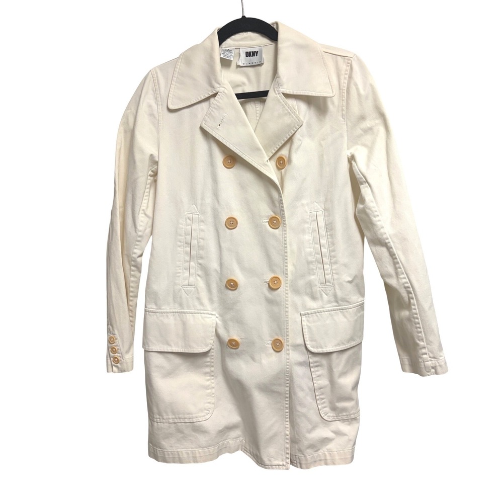 DKNY Classic Trench Coat Ivory Cotton Double Breasted‎ Jacket Small